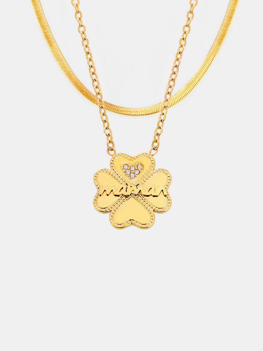 2 Piece 18K Gold-Plated Inlaid Zircon Lucky Clover Necklace - Trendsi