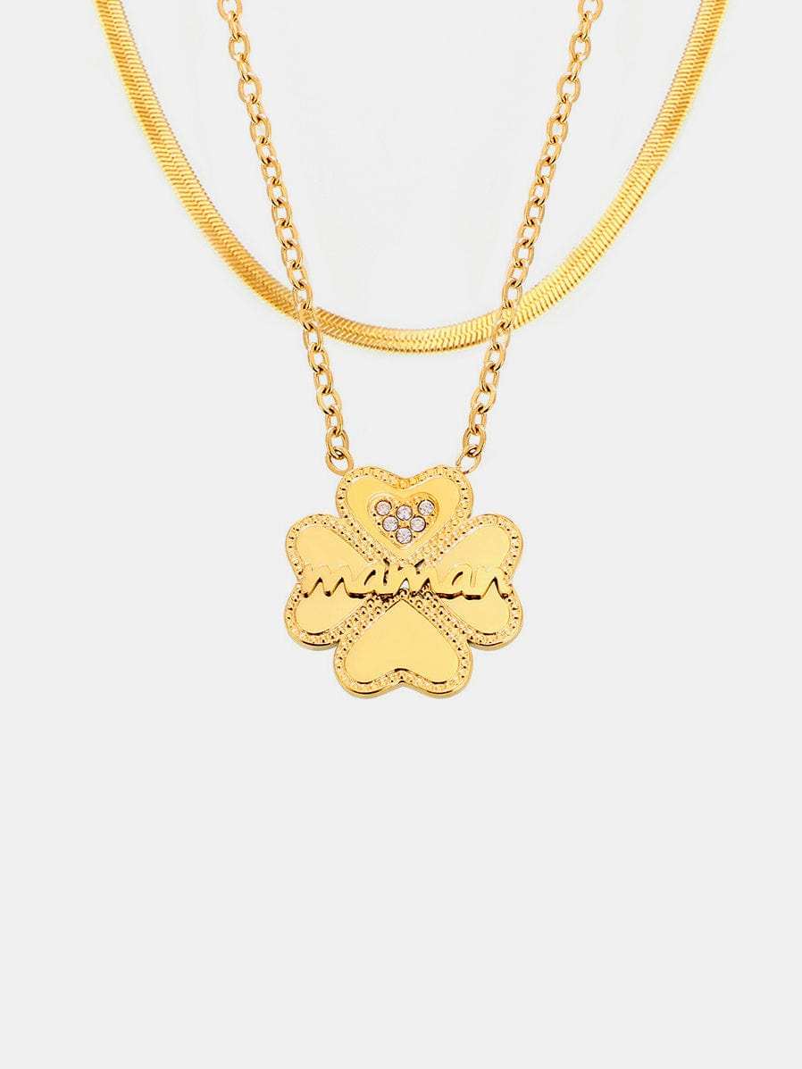 2 Piece 18K Gold-Plated Inlaid Zircon Lucky Clover Necklace - Trendsi - Flyclothing LLC