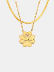 2 Piece 18K Gold-Plated Inlaid Zircon Lucky Clover Necklace - Trendsi