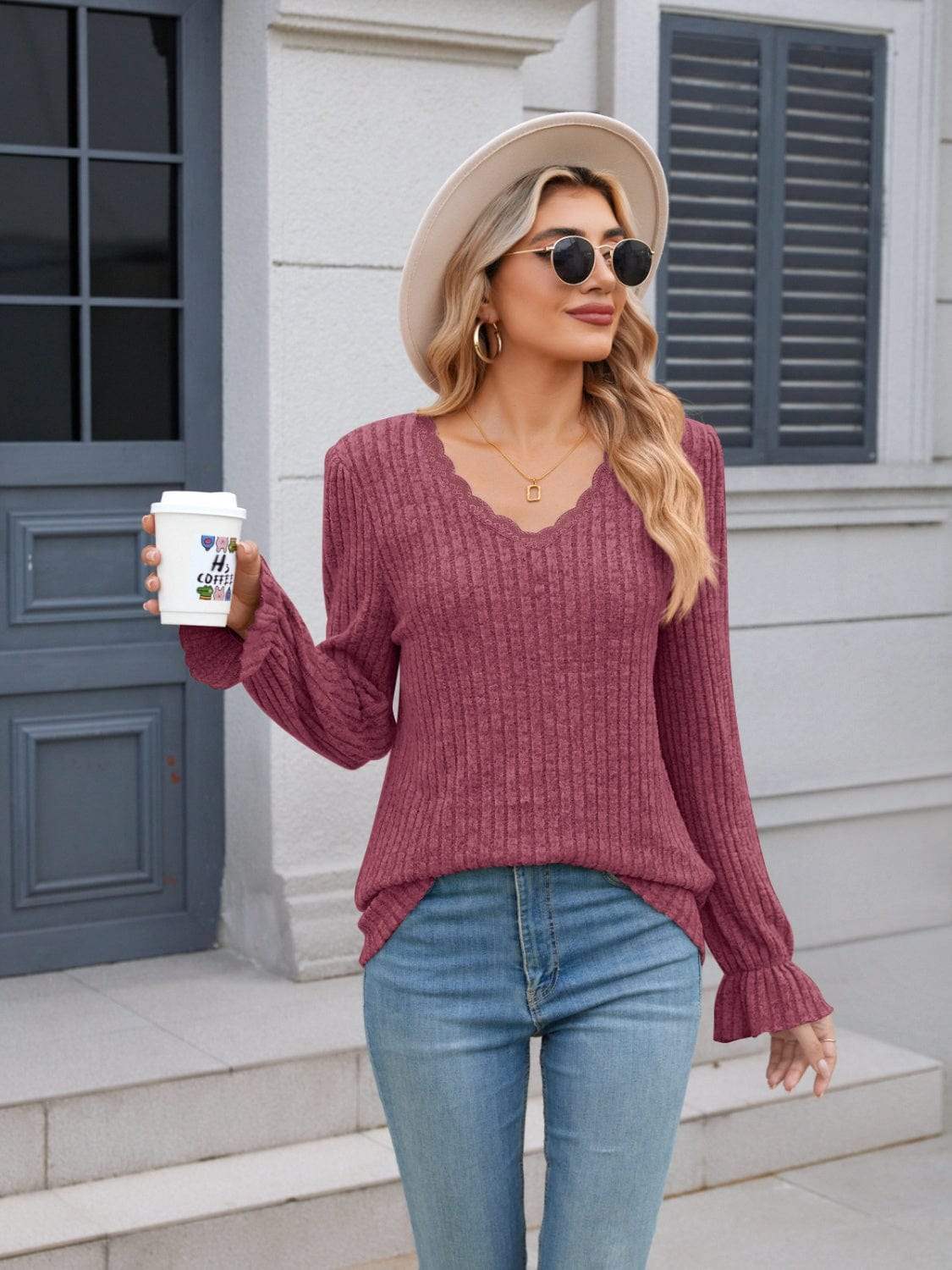 Lace Detail V-Neck Long Sleeve T-Shirt - Trendsi - Flyclothing LLC