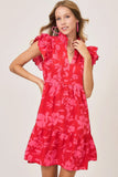 Umgee Full Size Two Tone Floral Print Ruffle Cap Sleeve Mini Dress Plus Size - Trendsi