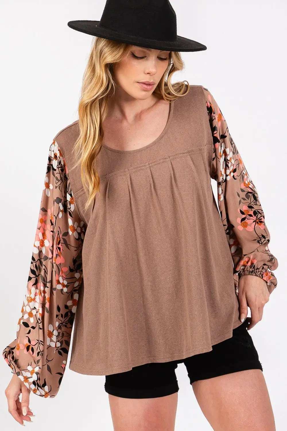 SAGE + FIG Floral Long Sleeve Front Pleated Detail Blouse - Trendsi - Flyclothing LLC