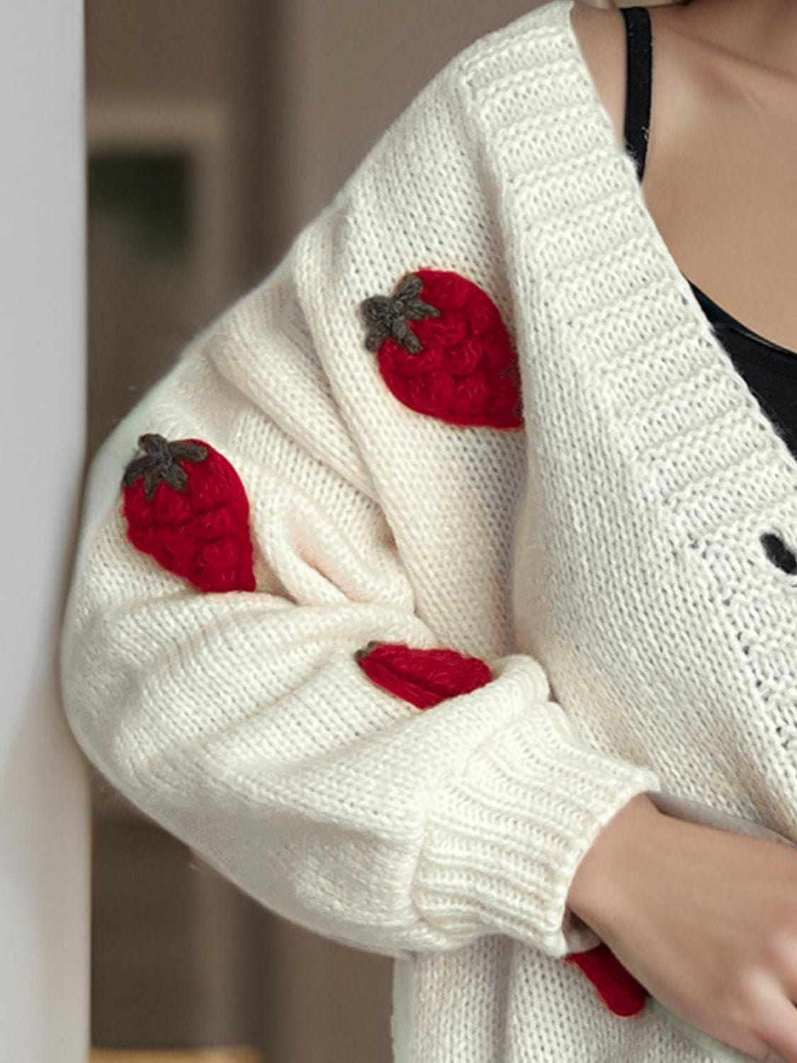 Crochet Strawberry V-Neck Long Sleeve Cardigan - Trendsi