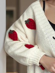 Crochet Strawberry V-Neck Long Sleeve Cardigan - Trendsi