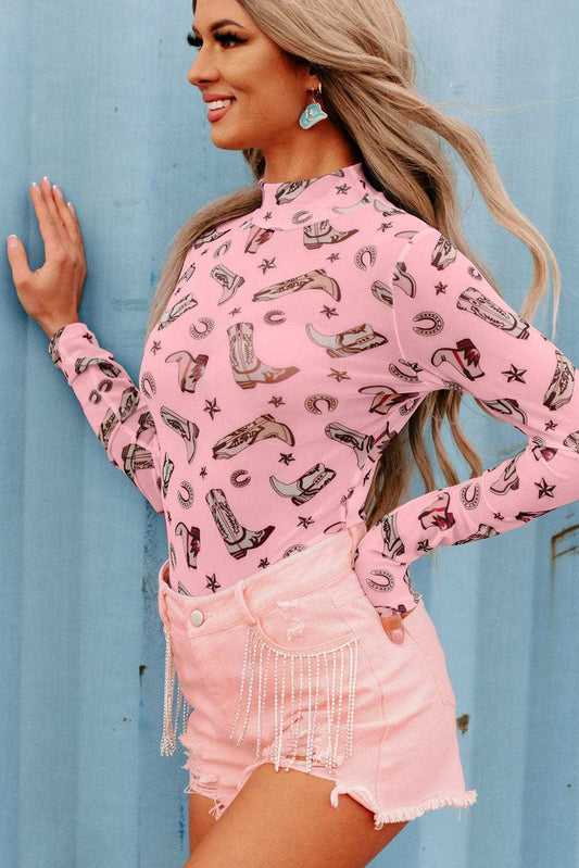 Printed Mock Neck Long Sleeve Bodysuit - Trendsi - Flyclothing LLC