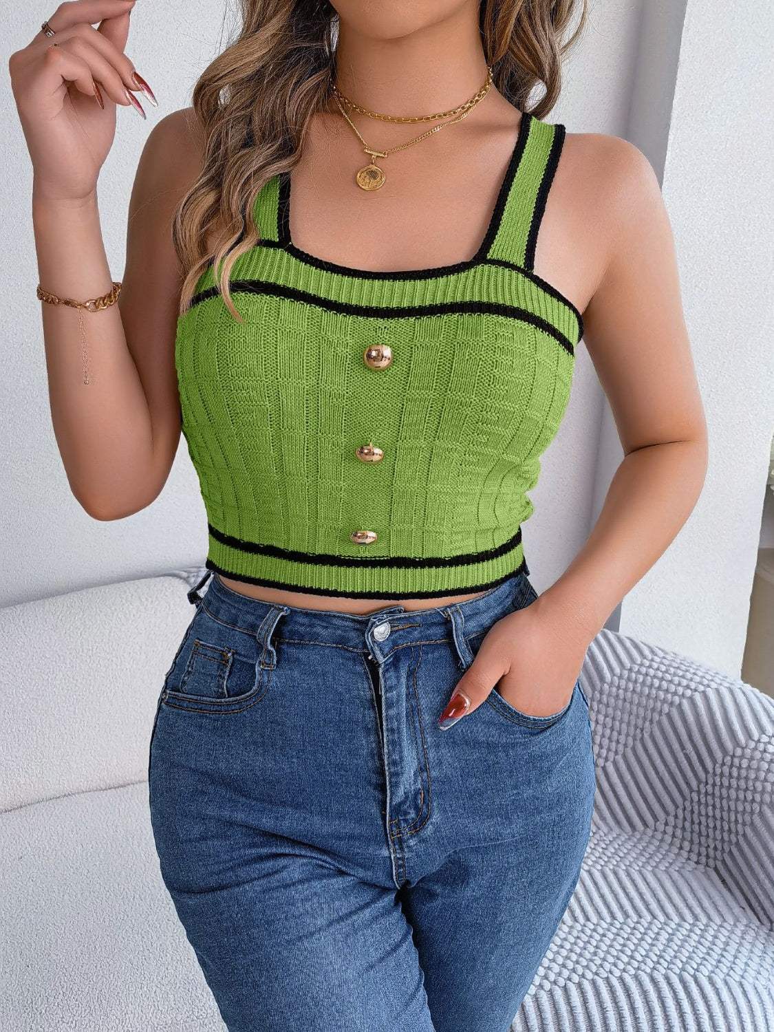 Decorative Button Wide Strap Knit Cami - Trendsi - Flyclothing LLC