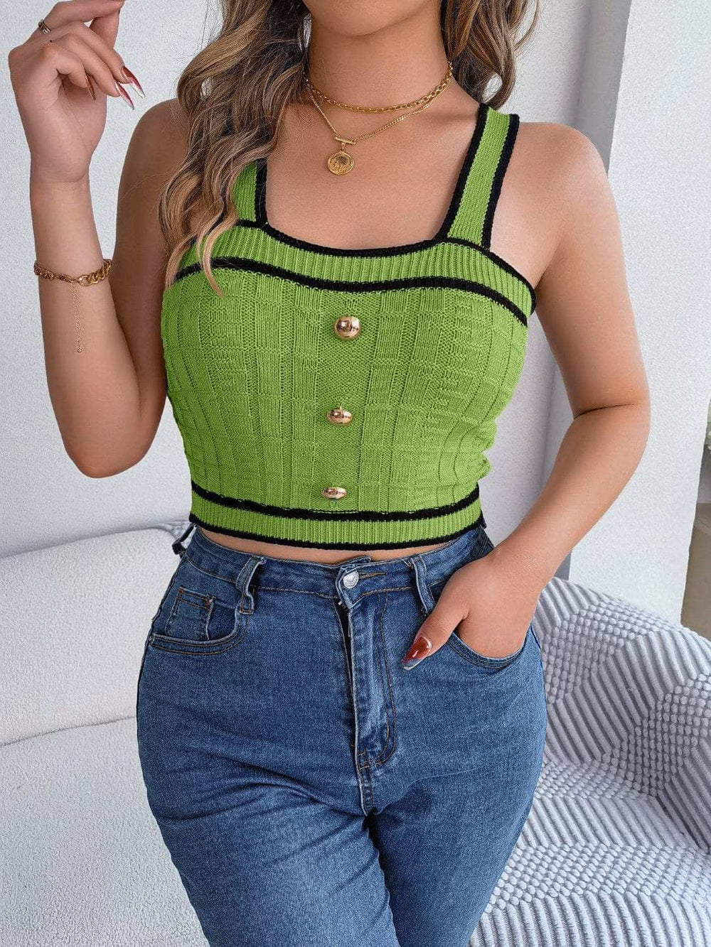 Decorative Button Wide Strap Knit Cami - Trendsi - Flyclothing LLC