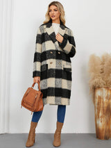 Plaid Double-Breasted Long Sleeve Coat - Trendsi - Flyclothing LLC