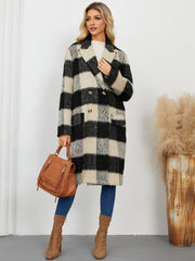 Plaid Double-Breasted Long Sleeve Coat - Trendsi