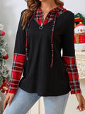 Plaid Quarter Zip Hooded T-Shirt - Trendsi