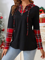 Plaid Quarter Zip Hooded T-Shirt - Trendsi