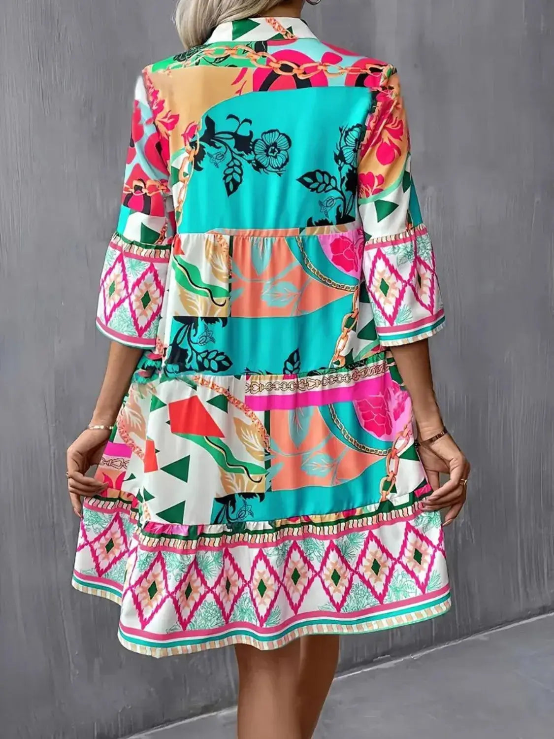 Printed Notched 3/4 Sleeve Tiered Dress - Trendsi - Flyclothing LLC