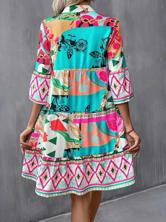 Printed Notched 3/4 Sleeve Tiered Dress - Trendsi - Flyclothing LLC