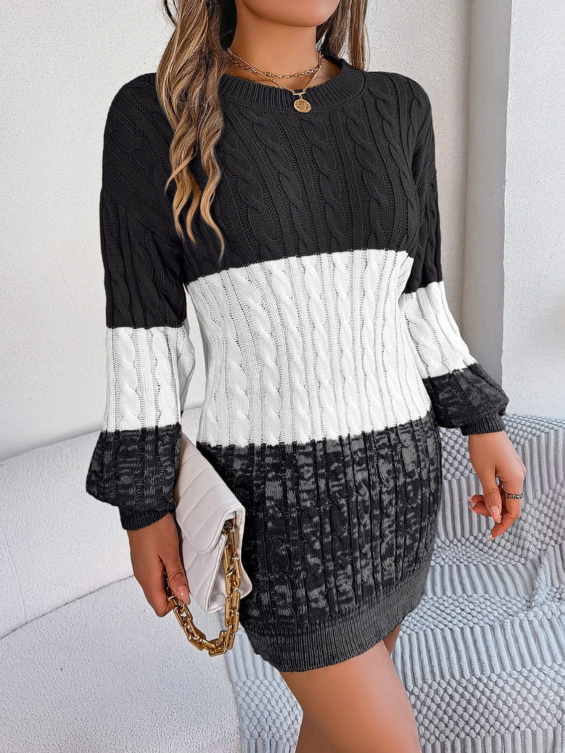Cable-Knit Round Neck Color Block Sweater Dress - Trendsi