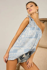 BiBi Aztec Printed Woven Tied Ribbon One Shoulder Top - Trendsi - Flyclothing LLC