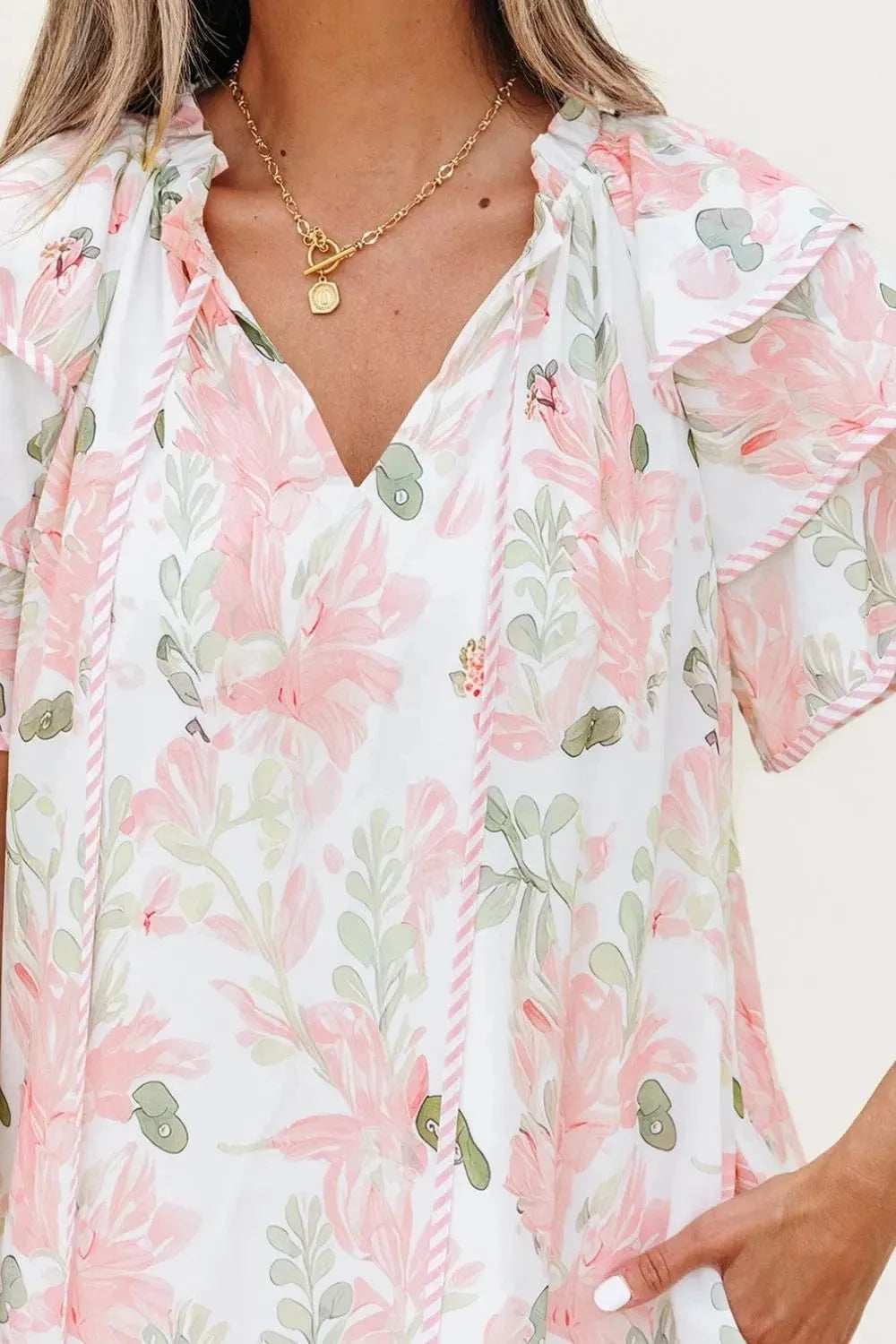 Floral Contrast Edge Layered Short Sleeve Mini Dress - Trendsi - Flyclothing LLC