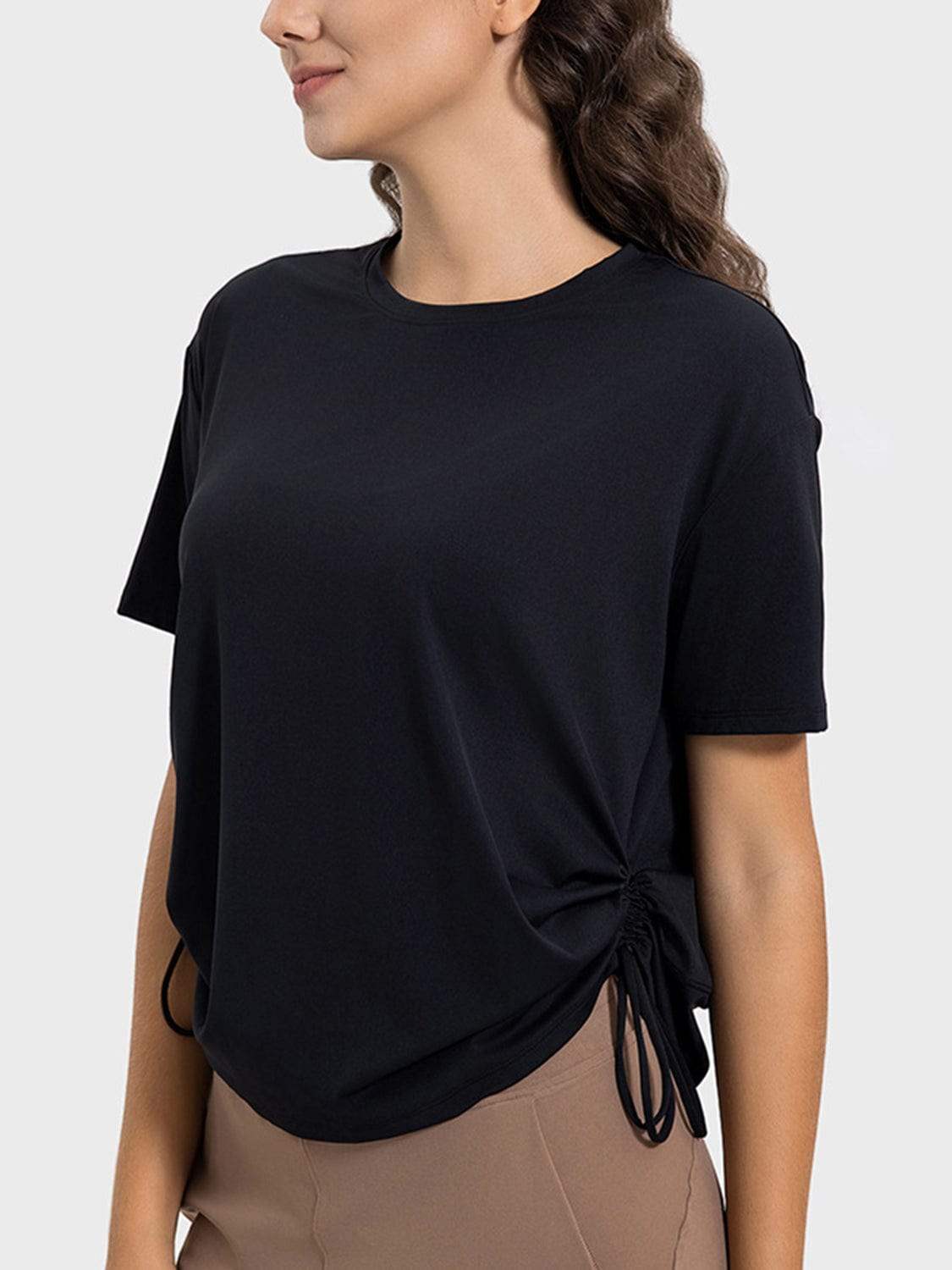 Drawstring Round Neck Short Sleeve Active T-Shirt - Trendsi - Flyclothing LLC