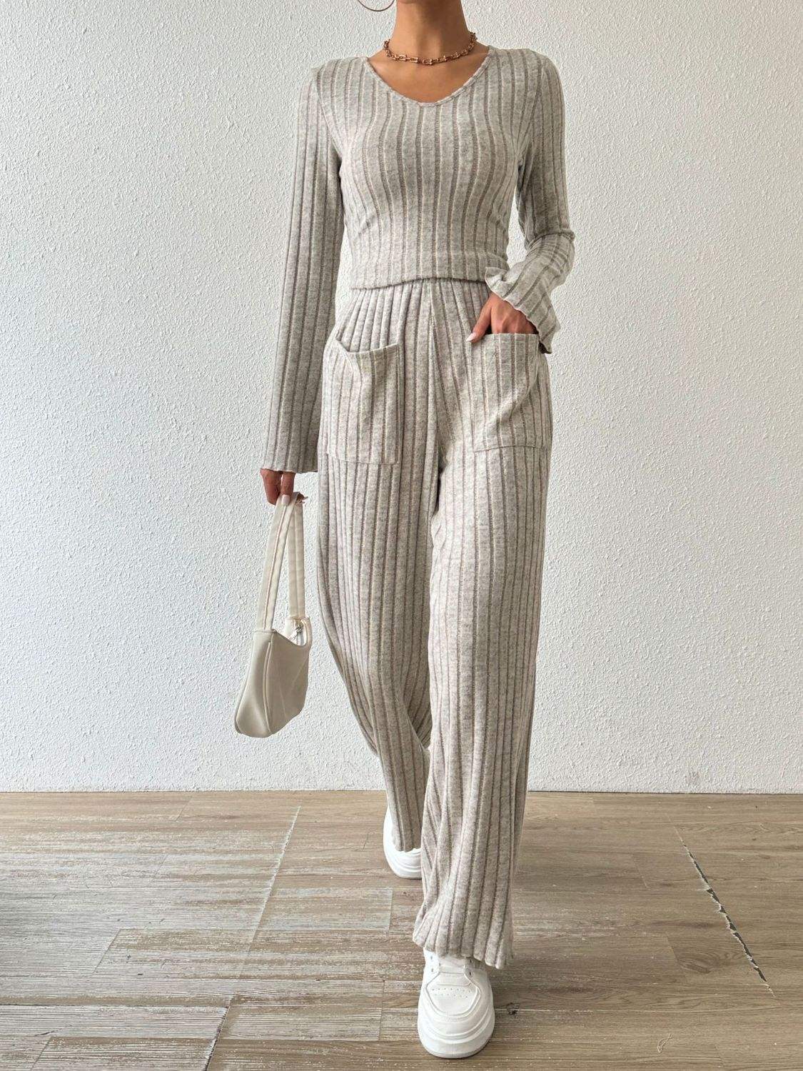 Ribbed V-Neck Long Sleeve Top and Pocketed Pants Set - Trendsi - Flyclothing LLC