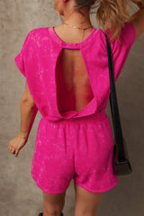 Mineral Wash Hollow Out Back Drawstring Waist Romper - Trendsi - Flyclothing LLC