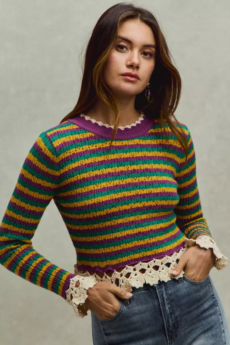 SO ME Mardi Gras Striped Cropped Knit Top with Crochet Edge - Trendsi - Flyclothing LLC