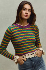 SO ME Mardi Gras Striped Cropped Knit Top with Crochet Edge - Trendsi - Flyclothing LLC
