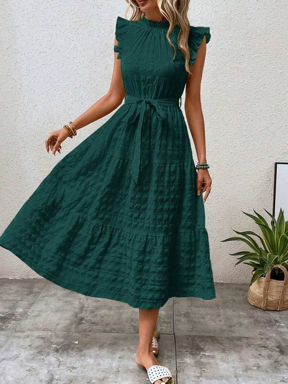 Tied Ruffled Cap Sleeve Midi Dress - Trendsi - Flyclothing LLC