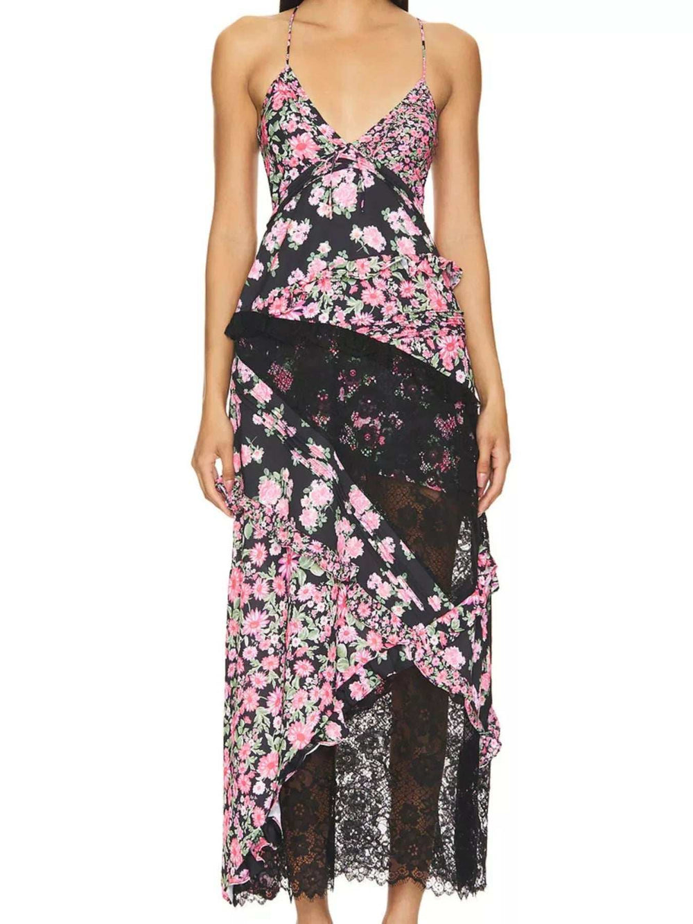 Lace Detail Ruffled Floral V-Neck Maxi Dress - Trendsi - Flyclothing LLC