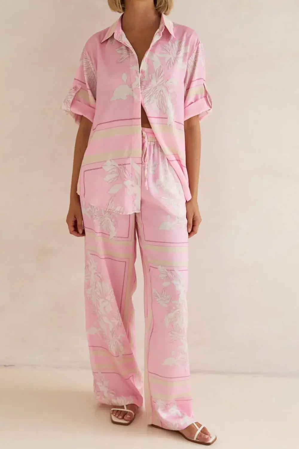 Printed Button Up Shirt and Pants Set - Trendsi - Flyclothing LLC