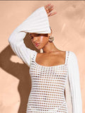 Openwork Square Neck Flare Sleeve Cover-Up Dress - Trendsi - Flyclothing LLC