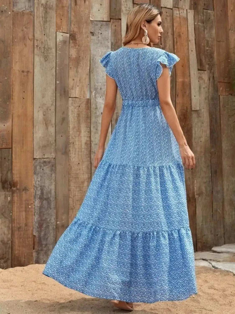 Printed V-Neck Ruffled Cap Sleeve Maxi Dress - Trendsi - Flyclothing LLC