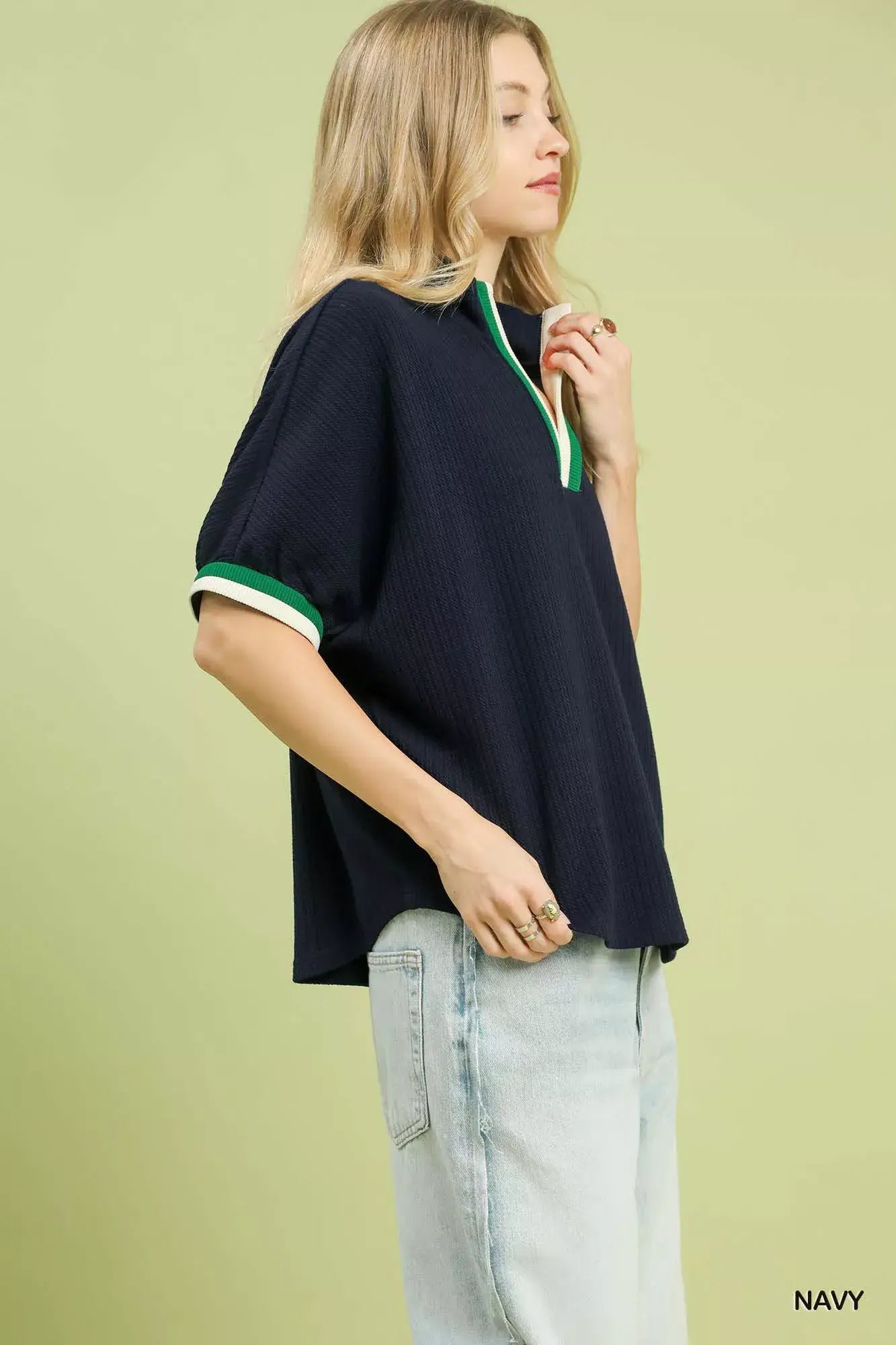 Umgee Textured Knit Top with Striped Contrast Trim - Trendsi - Flyclothing LLC