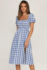 Full Size Slit Plaid Short Sleeve Midi Dress - Trendsi - Flyclothing LLC