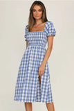 Full Size Slit Plaid Short Sleeve Midi Dress - Trendsi - Flyclothing LLC