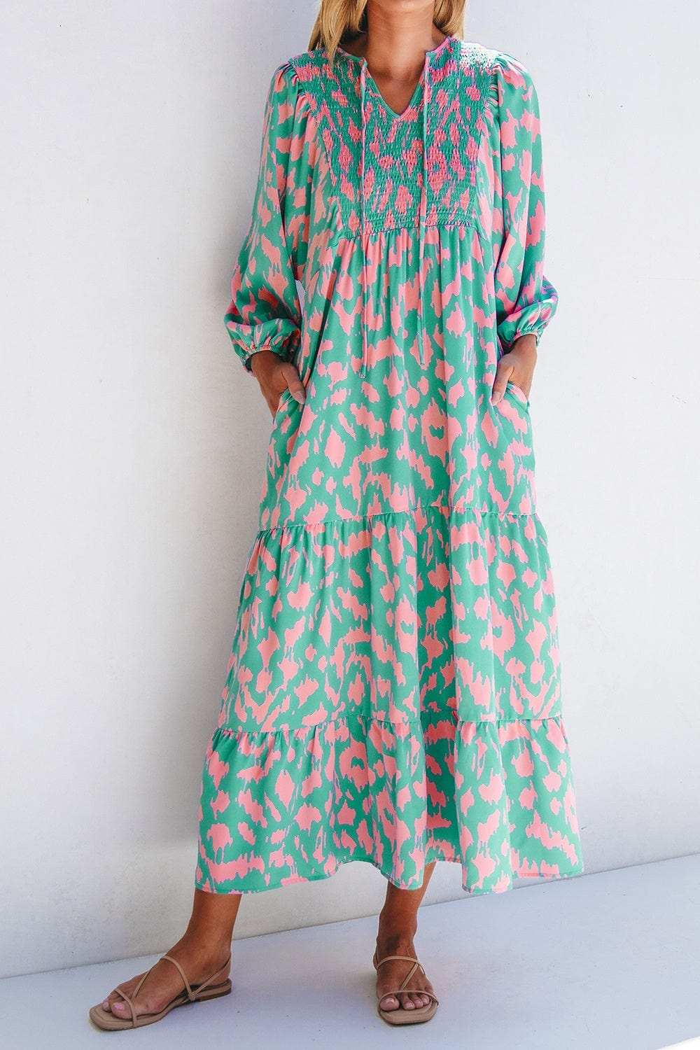 Smocked Printed Tie Neck Long Sleeve Dress - Trendsi - Flyclothing LLC