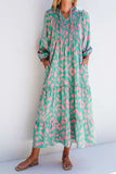 Smocked Printed Tie Neck Long Sleeve Dress - Trendsi - Flyclothing LLC