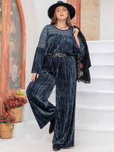 Plus Size Round Neck Flare Sleeve Top and Pants Set - Trendsi - Flyclothing LLC