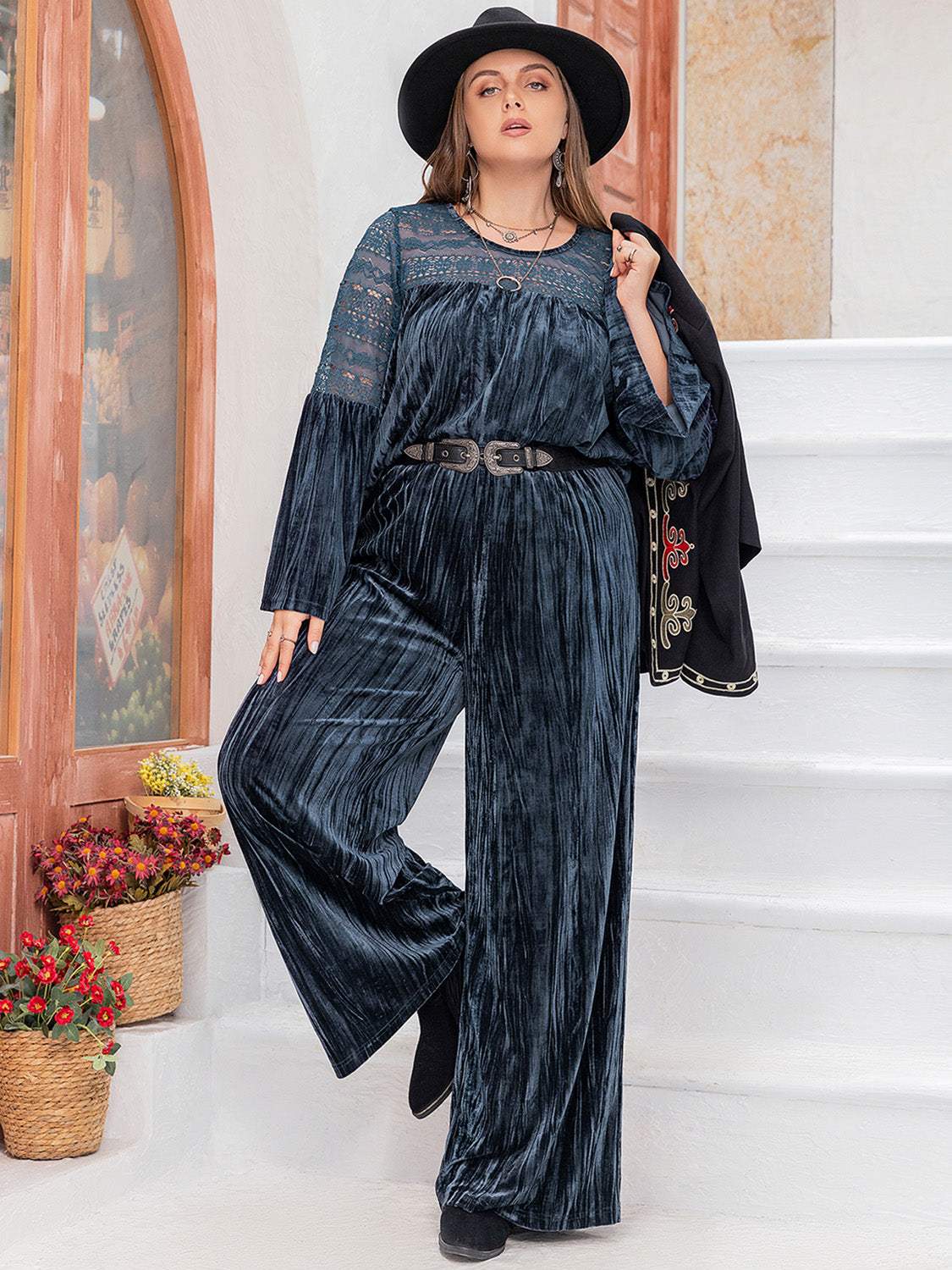 Plus Size Round Neck Flare Sleeve Top and Pants Set - Trendsi - Flyclothing LLC