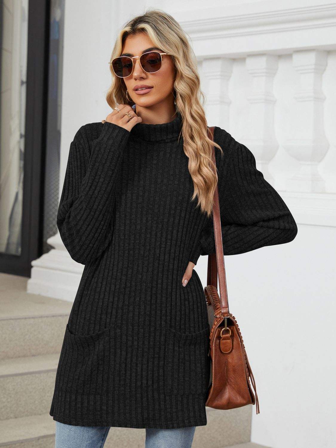 Ribbed Mock Neck Long Sleeve T-Shirt - Trendsi - Flyclothing LLC