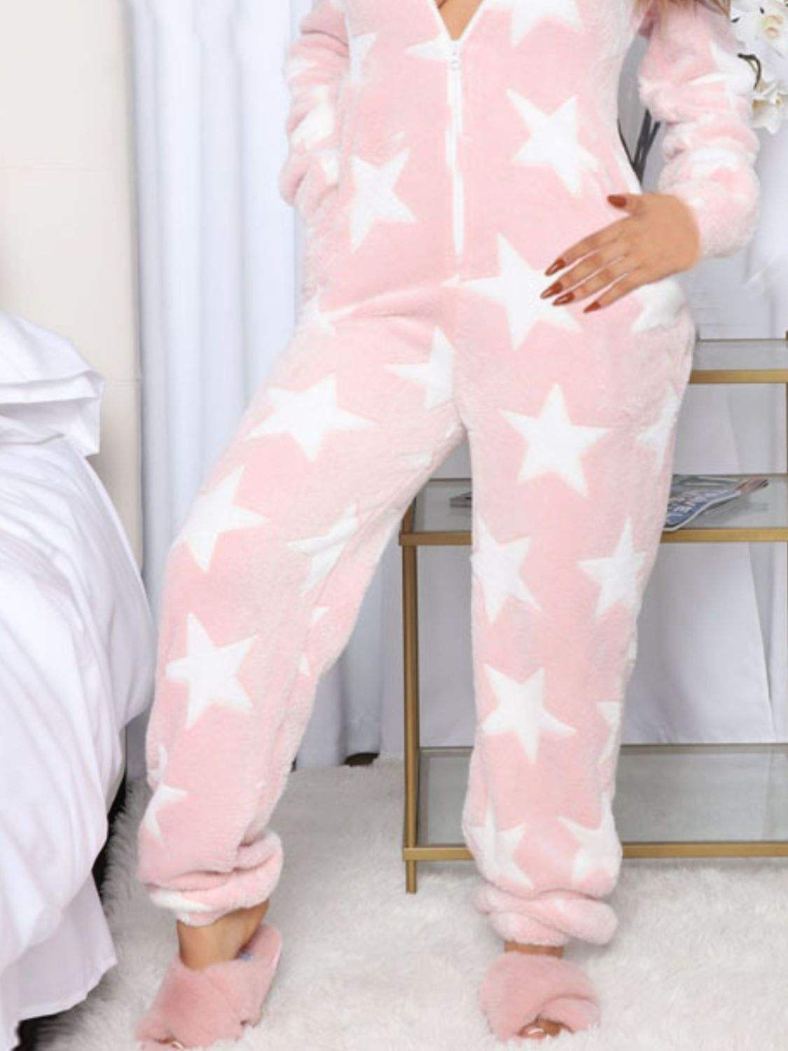 Printed Zip Up Long Sleeve Hooded Lounge Jumpsuit - Trendsi - Flyclothing LLC
