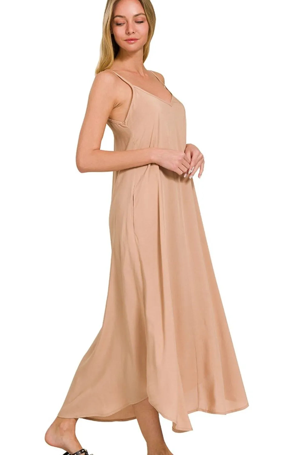 Zenana Woven Arc Hem Cami Dress With Flowy Pockets - Trendsi