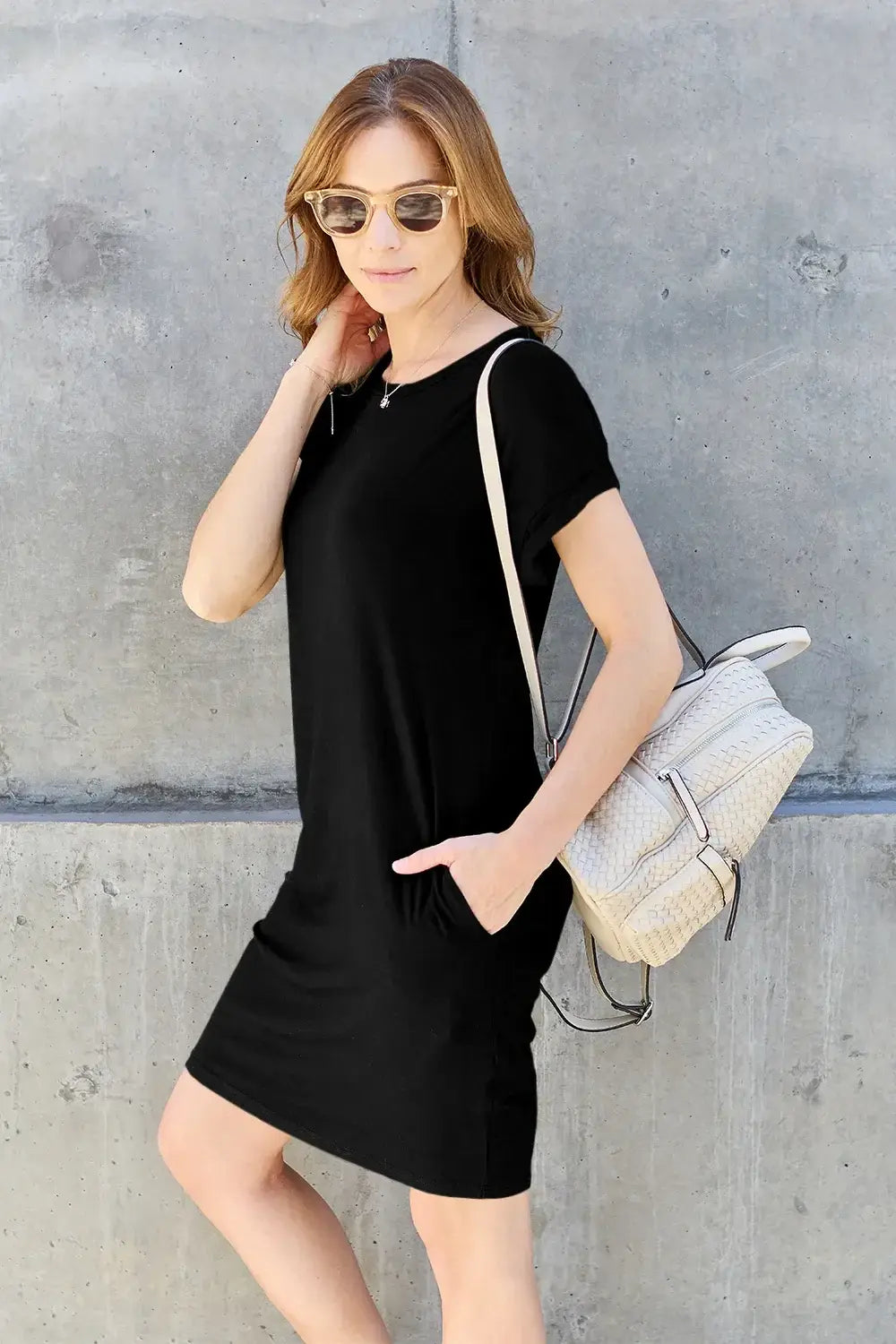 Basic Bae Bamboo Full Size Round Neck Short Sleeve Dress with Pockets - Trendsi - Flyclothing LLC