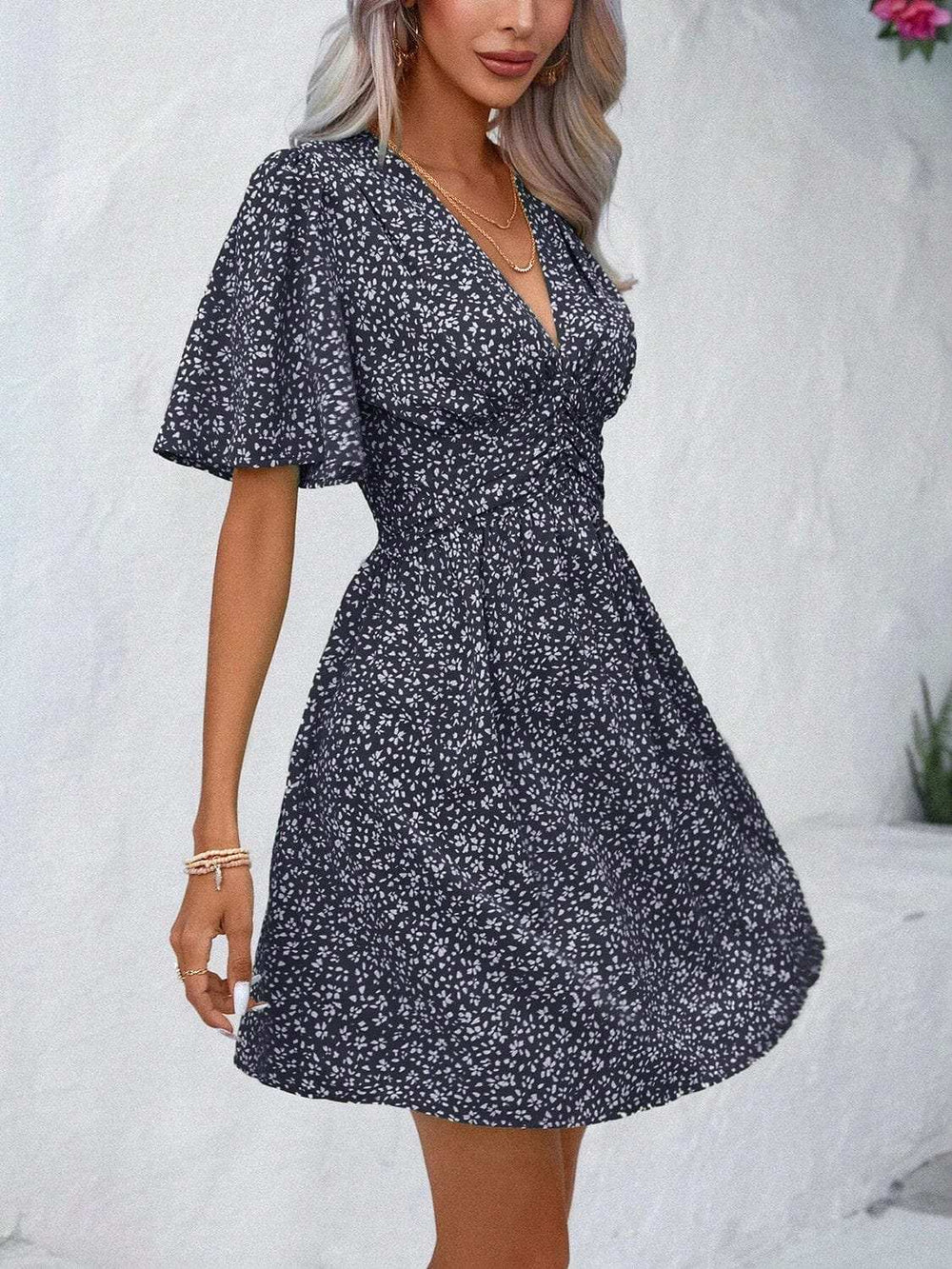 Printed V-Neck Half Sleeve Mini Dress - Trendsi - Flyclothing LLC