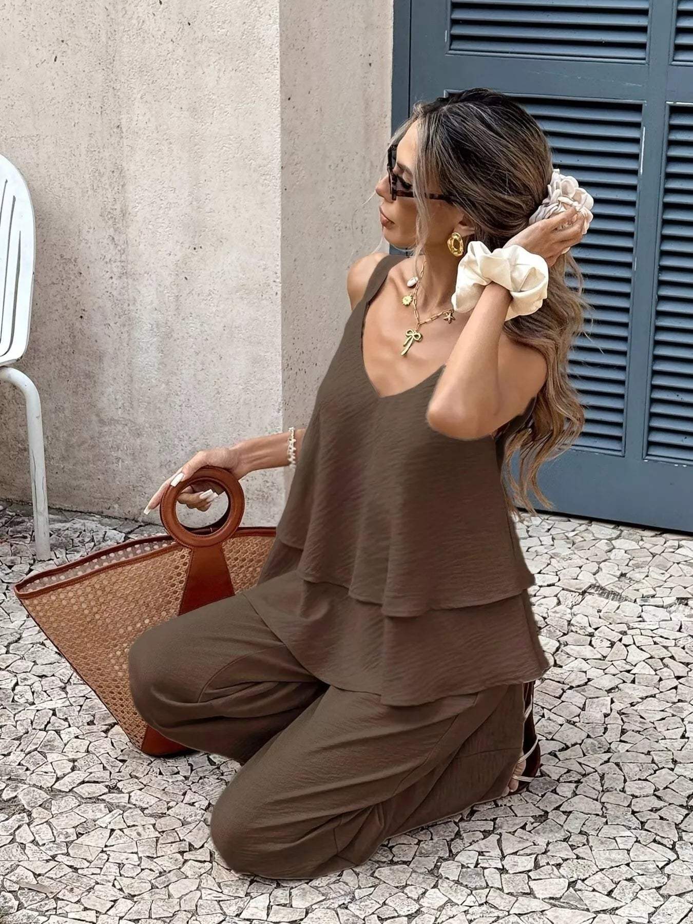 V-Neck Top and Wide-Leg Pants Set - Trendsi - Flyclothing LLC