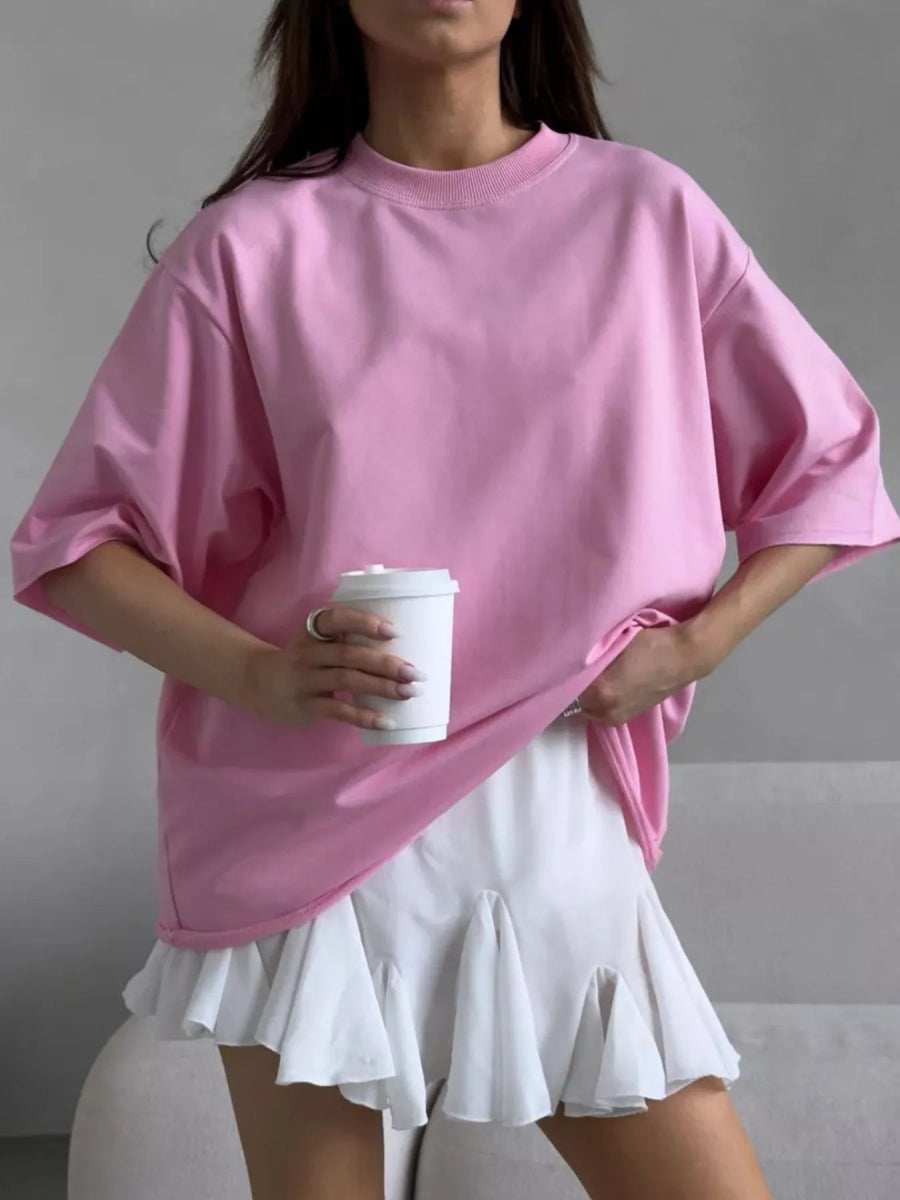 Round Neck Half Sleeve Oversized T-Shirt - Trendsi - Flyclothing LLC