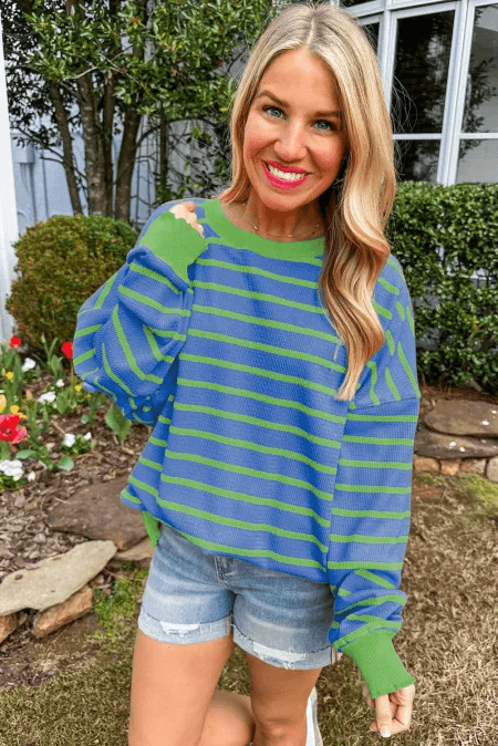 Striped Round Neck Long Sleeve Sweater - Trendsi - Flyclothing LLC