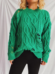 Distressed Cable-Knit Round Neck Long Sleeve Sweater - Trendsi