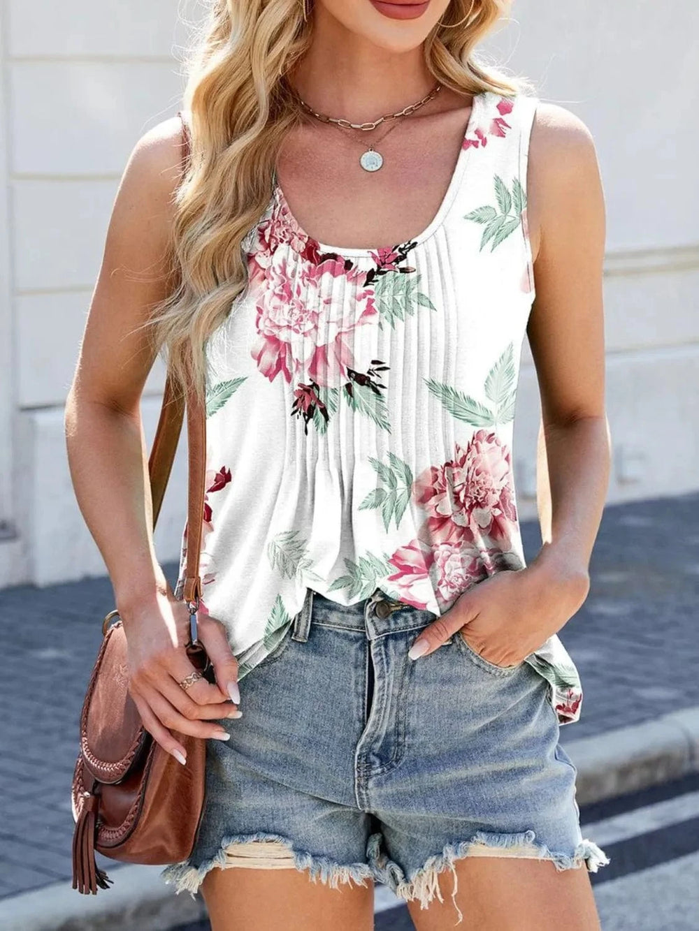 Printed Scoop Neck Wide Strap Tank - Trendsi