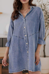 Distressed Collared Neck Flounce Sleeve Denim Dress - Trendsi - Flyclothing LLC