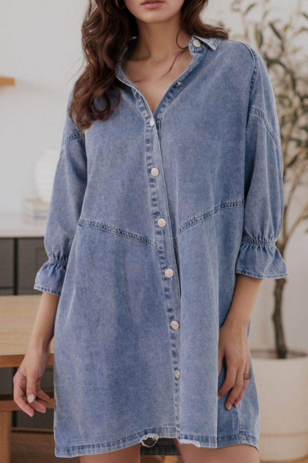 Distressed Collared Neck Flounce Sleeve Denim Dress - Trendsi - Flyclothing LLC