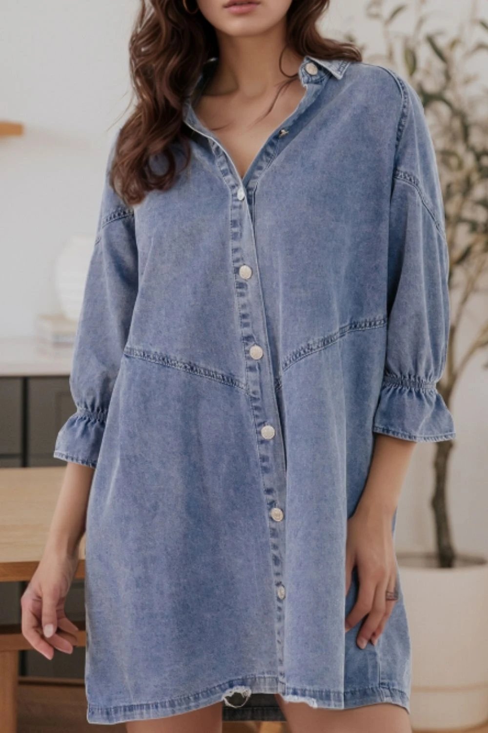Distressed Collared Neck Flounce Sleeve Denim Dress - Trendsi